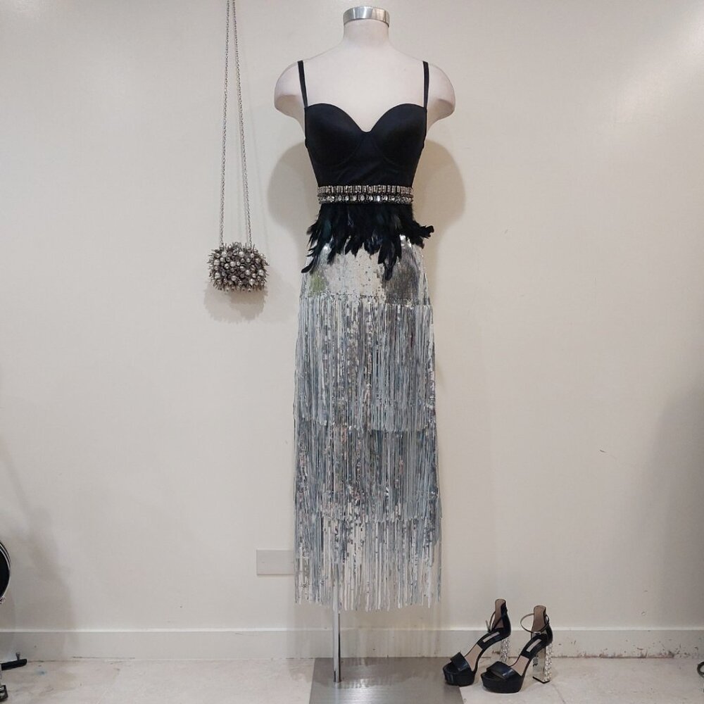 🖤💥UBER STUNNING!🖤💥Roaring 20s Vibe Tatiana Fringed Sequin Skirt in Silver - Picture 10 of 15